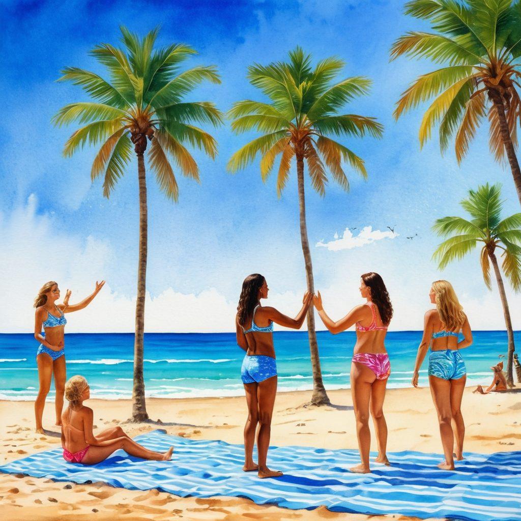 A vibrant beach scene showcasing diverse individuals of different ages and backgrounds, joyfully engaging in various beach activities like playing beach volleyball, building sandcastles, and relaxing on colorful towels. The sky is crystal blue and the waves gently lap at the shore, with palm trees swaying in the breeze. Include bright beachwear patterns that reflect positivity and togetherness, emphasizing a sense of community. watercolor painting. bright colors. soft focus.